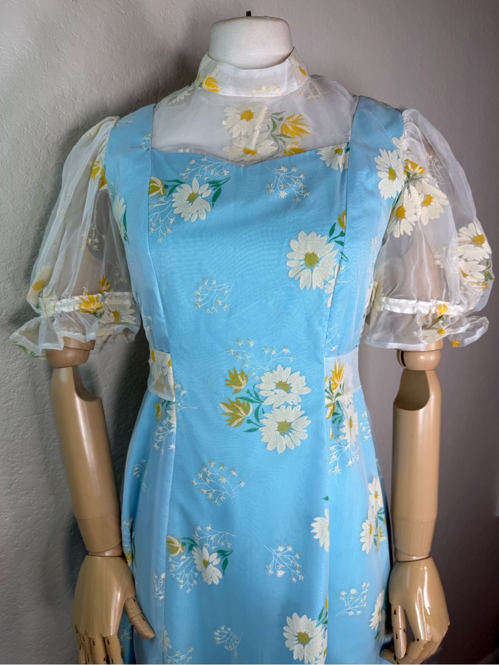 Vintage 60s Sky Blue Prairie Flocked Daisy Floral Ruffled Maxi Dress SMALL EUC - Picture 10 of 16
